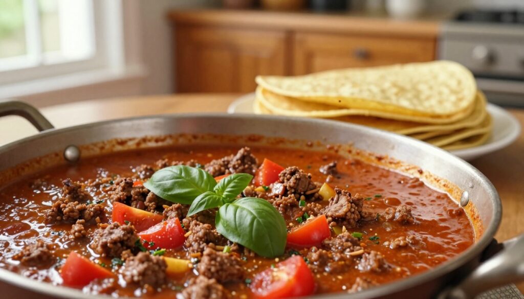 A rich, thick meat sauce, showcasing ground beef simmered with aromatic herbs and spices, is the focal point in the foreground. The sauce is bubbling in a rustic cooking pot, with bits of fresh basil and diced tomatoes adding vibrant color. In the middle ground, a neatly arranged stack of golden tortillas sits, ready to be layered with the sauce. The background features a cozy kitchen setting with warm wooden cabinets and soft lighting, emphasizing a welcoming atmosphere. The scene is captured in a slightly overhead angle to highlight the textures of the sauce and the tortillas. Soft natural light filters through a nearby window, enhancing the rich colors and creating a homely, inviting mood.