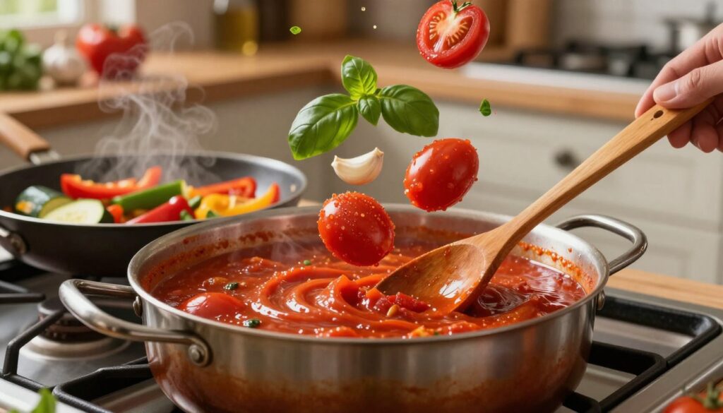 A rich, vibrant image of a pot of Italian tomato sauce simmering on a rustic stovetop, with bright red tomatoes, garlic cloves, and fresh basil leaves suspended mid-air above the pot, emphasizing the freshness of the ingredients. In the foreground, a wooden spoon stirs the sauce, creating ripples in the glossy liquid. The middle of the image showcases the colorful vegetables, like zucchini and bell peppers, sautéing in a pan beside the sauce, with steam rising from both pans. The background features a warmly lit kitchen setting, evoking a cozy Italian atmosphere, with hints of herbs and spices neatly organized on the counter. The lighting is soft and warm, enhancing the inviting mood of home-cooked Italian meals.