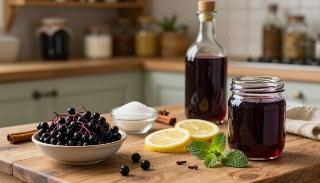 A rustic kitchen scene focused on the process of making elderberry liqueur. In the foreground, a wooden table is cluttered with fresh black elderberries in a bowl, a glass jar partially filled with a deep purple liquid, and sprigs of mint for garnish. In the middle, an array of ingredients, including sugar, lemon slices, and spices like cinnamon and cloves, are artfully arranged, alongside an old-fashioned glass bottle. The background reveals shelves filled with various jars and bottles, hinting at a homey, cozy feel. Warm, soft lighting casts gentle shadows, creating a serene and inviting atmosphere. A shallow depth of field focuses on the foreground elements while the background remains slightly blurred, emphasizing the crafting process.