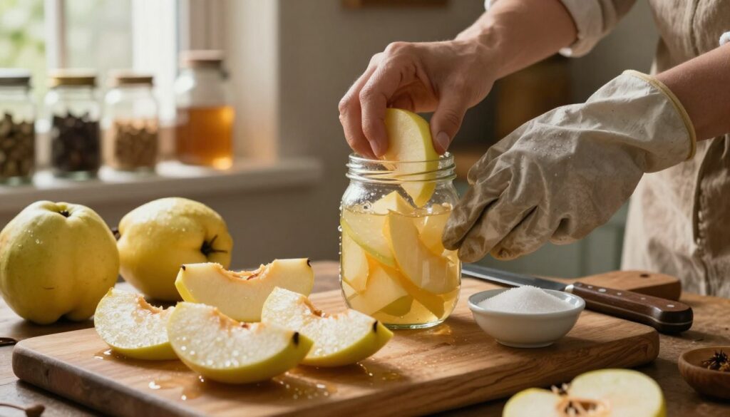 A rustic kitchen scene showcasing the preparation of quince for making cordial. In the foreground, a wooden cutting board piled with freshly washed and cut quince fruit, glistening with droplets of water. A small bowl of sugar sits nearby, ready for use. In the middle, a hands-on approach is depicted, with a pair of hands wearing modest kitchen gloves, gently placing sliced quince into a glass jar, surrounded by kitchen utensils like a knife and small bowl. The background features soft, warm lighting that emanates from a window, illuminating spices and jars on shelves, creating an inviting and homey atmosphere. The focus is sharp on the quince and the preparation actions, while the background is softly blurred for depth. The mood is warm, inviting, and cozy, perfect for the art of home-making liqueurs.