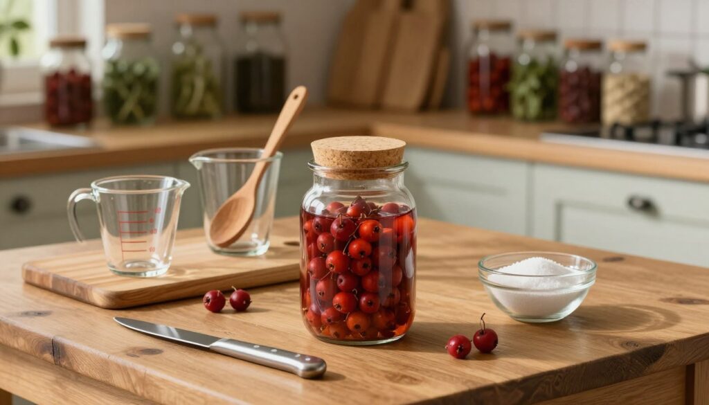 A rustic wooden table is set in a softly lit kitchen, showcasing a well-organized workspace for preparing homemade hawthorn tincture. In the foreground, a clear glass jar with a cork lid (słoja) stands prominently, filled with fresh hawthorn berries. Surrounding the jar are various tools and ingredients: a chopping board, a stainless steel knife, and a small bowl of sugar. In the middle ground, delicate glass measuring cups and wooden spoons add to the atmosphere of careful crafting. The background features shelves lined with jars of herbs and spices, with soft, warm lighting casting gentle shadows. The overall mood is inviting and homely, encouraging the viewer to feel inspired about crafting their own herbal drinks.
