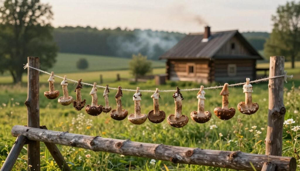 A serene countryside scene depicting traditional mushroom drying techniques. In the foreground, a sturdy wooden beam or rustic fence with string lines hung with various types of mushrooms, elegantly arranged for drying. The middle ground features a lush green landscape, perhaps an open field with wildflowers and distant trees. In the background, a soft-focus glimpse of an old wooden cottage with smoke curling from the chimney, suggesting warmth and comfort. The lighting is warm and inviting, reminiscent of late afternoon sun, casting gentle shadows. The overall atmosphere is nostalgic and peaceful, evoking a sense of tradition and connection to nature, perfect for illustrating the art of drying mushrooms effectively.