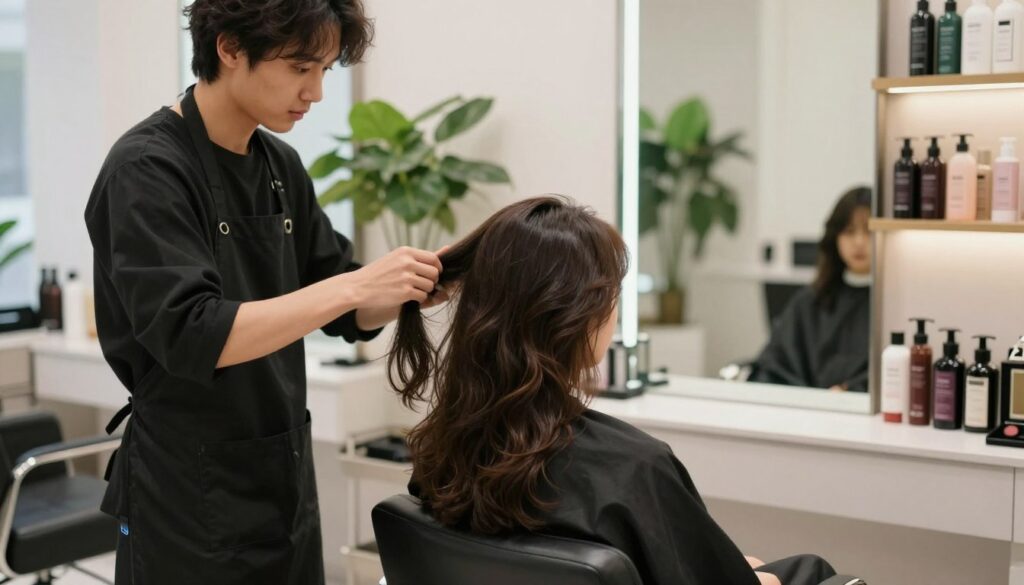 A serene salon setting showcasing a professional hair stylist attending to a client with naturally voluminous hair. In the foreground, the stylist, wearing a chic black apron over simple attire, gently applies nourishing hair products, emphasizing care and precision. The client, seated in a modern salon chair, looks relaxed and content, with their hair beautifully styled to reduce frizz and enhance shape. The middle ground features a chic mirror reflecting the stylish décor, with lush green plants and soft lighting creating a calming atmosphere. In the background, shelves filled with high-end hair care products add an air of sophistication. The overall mood is tranquil, conveying the essence of effective hair care and styling for maintaining smoothness and shape. Soft, diffused light enhances the elegance of the scene, inviting viewers to envision their own rejuvenating salon experience.