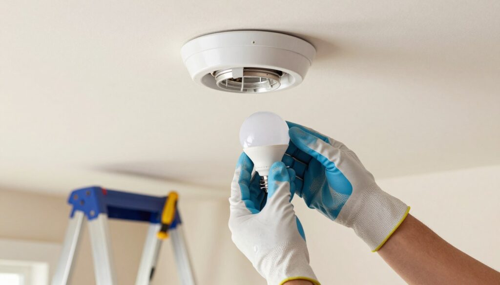 A step-by-step illustration of safely removing a halogen light fixture from a ceiling. In the foreground, focus on a pair of hands wearing protective gloves delicately grasping a halogen bulb, showcasing the proper technique. The middle ground features a ceiling with a distinct halogen fixture and tools such as a screwdriver and a step ladder, arranged neatly. The background shows a softly lit room, highlighting a neutral-colored ceiling and walls, conveying a calm and safe atmosphere. Emphasize bright lighting that reflects clarity and detail. The angle is slightly tilted downward to focus on the hands and the fixture, enhancing the instructional aspect of the image and ensuring it is engaging while maintaining a professional vibe.