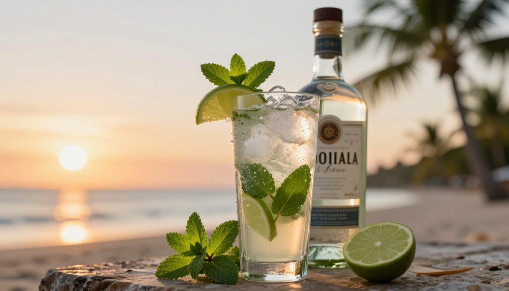 A stylish glass of mojito cocktail prominently features a high-quality rum bottle in the foreground, nestled among fresh mint leaves and lime wedges. The rum label is visible, showcasing an elegant design, hinting at its premium quality. In the middle ground, the cocktail is artistically garnished with vibrant green mint and a slice of lime, reflecting droplets of condensation on the glass, enhancing the refreshing vibe. The background captures a soft, blurred tropical setting with palm trees and a beach at sunset, casting warm golden and orange hues across the scene. The lighting is bright and inviting, evoking a relaxed summer atmosphere, ideal for enjoying a refreshing drink. The overall mood communicates an enticing and sophisticated experience associated with choosing the perfect rum for a mojito. A stylish glass of mojito cocktail prominently features a high-quality rum bottle in the foreground, nestled among fresh mint leaves and lime wedges. The rum label is visible, showcasing an elegant design, hinting at its premium quality. In the middle ground, the cocktail is artistically garnished with vibrant green mint and a slice of lime, reflecting droplets of condensation on the glass, enhancing the refreshing vibe. The background captures a soft, blurred tropical setting with palm trees and a beach at sunset, casting warm golden and orange hues across the scene. The lighting is bright and inviting, evoking a relaxed summer atmosphere, ideal for enjoying a refreshing drink. The overall mood communicates an enticing and sophisticated experience associated with choosing the perfect rum for a mojito.