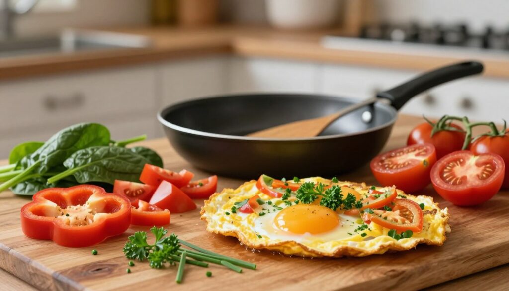A vibrant and appealing spread of ingredients for a vegetable omelet on a rustic wooden kitchen table. In the foreground, fresh vegetables such as bell peppers, spinach, and tomatoes are finely chopped and colorful, arranged artfully around a cracked egg. A sprinkle of herbs like parsley and chives adds a touch of freshness. In the middle, a sleek frying pan with a spatula rests beside the ingredients, indicating preparation. The background features a blurred kitchen setting with warm, soft lighting that evokes a cozy cooking atmosphere. The scene captures a sense of home cooking, with an inviting and cheerful mood, perfect for a nutritious and quick meal at any time of day.