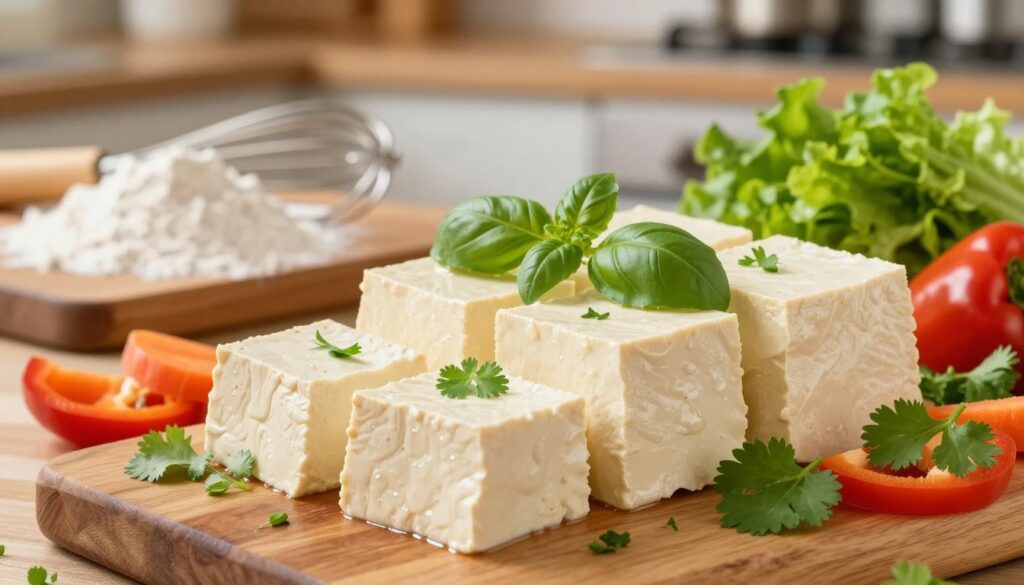 A vibrant and appetizing arrangement featuring soft, creamy tofu as the focal point, naturally glistening with a subtle sheen. In the foreground, several blocks of tofu are beautifully cut into cubes and garnished with fresh herbs like basil and cilantro, adding pops of green. Surrounding the tofu, a variety of colorful vegetables such as bell peppers, carrots, and leafy greens provide a delightful contrast. In the middle ground, a rustic wooden cutting board holds traditional baking ingredients like flour, and a whisk, suggesting its culinary use. The background features a warm kitchen setting with soft, diffused lighting, creating a cozy atmosphere reminiscent of home cooking. The scene captures the essence of plant-based cooking, inviting viewers to explore tofu's versatility, enhancing the sense of freshness and culinary inspiration.