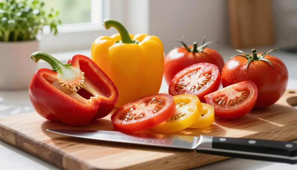 A vibrant and colorful kitchen setting featuring freshly cut red and yellow peppers (papryki) and ripe red tomatoes (pomidory) arranged on a rustic wooden cutting board. In the foreground, a sharp chef's knife gleams beside the sliced vegetables, showcasing their juicy interior. The middle ground displays the visible texture and rich colors of the peppers and tomatoes, with their seeds and glistening juices adding to the visual appeal. The background features blurred kitchen elements like herbs in pots and a softly glowing window, suggesting a warm, inviting atmosphere. Bright, natural light pours in, casting gentle shadows that enhance the freshness of the ingredients. The overall mood is lively and cozy, ideal for meal preparation.