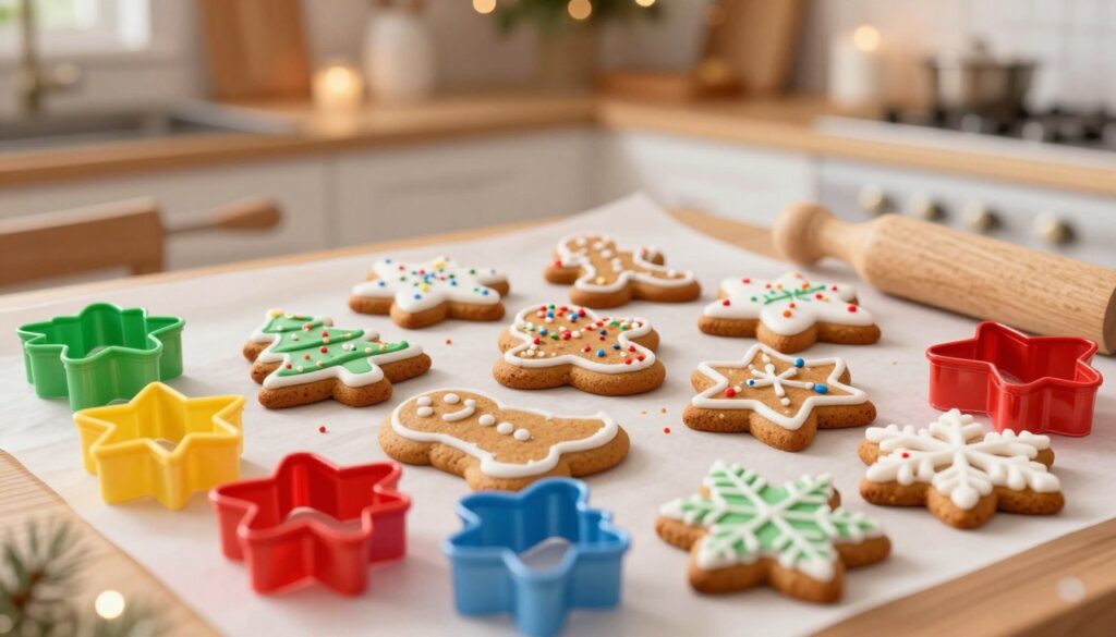 A vibrant and detailed 3D display of various gingerbread cookie shapes and molds, showcasing festive holiday designs. In the foreground, colorful cookie cutters in the shapes of stars, trees, and snowflakes are artistically arranged, glinting under soft, warm lighting to evoke a cozy holiday atmosphere. The middle ground features freshly baked gingerbread cookies, beautifully decorated with royal icing and sprinkles, each shape distinct and enticing. In the background, a soft-focus kitchen scene adds warmth, with subtly illuminated baking tools and decorations creating a delightful ambiance. The scene captures the spirit of holiday baking, inviting viewers to imagine the joy of creating festive treats this season.