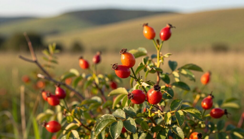 A vibrant and detailed arrangement of wild rose hips, freshly harvested, clustered together in the foreground. The red and orange hues of the fruits glisten in the soft, golden light of late afternoon, emphasizing their natural freshness. In the middle ground, tender green leaves and thorny branches create a lush backdrop that showcases the rich, natural environment where these fruits thrive. The background features a softly blurred, sunlit landscape of rolling hills and meadows, enhancing the feeling of tranquility and connection to nature. Use a shallow depth of field to draw focus to the rose hips while maintaining a warm, inviting atmosphere in the overall composition. The image should evoke a sense of peace and appreciation for the natural bounty of the wild. A vibrant and detailed arrangement of wild rose hips, freshly harvested, clustered together in the foreground. The red and orange hues of the fruits glisten in the soft, golden light of late afternoon, emphasizing their natural freshness. In the middle ground, tender green leaves and thorny branches create a lush backdrop that showcases the rich, natural environment where these fruits thrive. The background features a softly blurred, sunlit landscape of rolling hills and meadows, enhancing the feeling of tranquility and connection to nature. Use a shallow depth of field to draw focus to the rose hips while maintaining a warm, inviting atmosphere in the overall composition. The image should evoke a sense of peace and appreciation for the natural bounty of the wild.