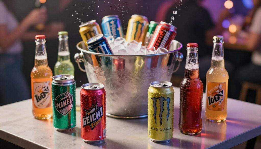 A vibrant and dynamic scene featuring various sparkling and energy drinks arranged on a sleek, modern table. In the foreground, a few colorful cans and bottles with condensation, showcasing bold branding and eye-catching designs, some open with fizzy bubbles rising. In the middle, a stylish ice bucket filled with ice and a selection of energy drink cans and glassware ready for serving. In the background, a lively party atmosphere subtly hinted at with soft, ambient lighting and blurred silhouettes of people enjoying the gathering. The overall mood is energetic and festive, emphasizing quick and easy combinations for social events. The lighting is warm and inviting, creating a celebratory feel, captured with a slight depth of field to focus on the drinks.