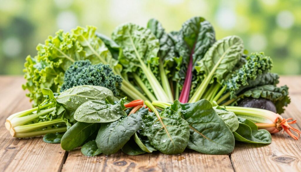 A vibrant and informative arrangement of various leafy green vegetables rich in iron, such as spinach, kale, and Swiss chard, placed on a rustic wooden table. In the foreground, close-up shots of fresh vegetables, showcasing their textures and colors, with droplets of water for freshness. The middle ground features a table with a neatly organized selection of these vegetables, presented in harmonious contrast against a soft, blurred background of natural greenery, suggesting a garden setting. The lighting is bright and natural, creating a healthy and inviting atmosphere, with soft shadows to add depth. The overall mood conveys abundance and vitality, highlighting the nutritional benefits of iron-rich vegetables without any text or labels present in the image.