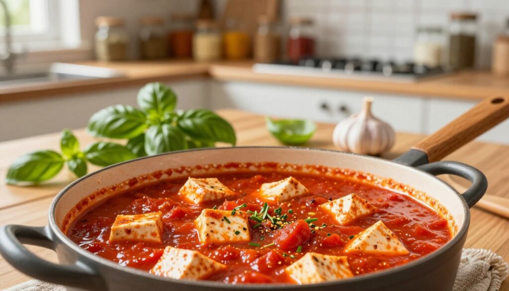 A vibrant, appetizing scene featuring a rich, red tomato sauce with pieces of tofu simmering in a rustic pot on a wooden kitchen table. The foreground includes a close-up of the sauce, showcasing its texture with visible herbs and spices. A wooden spoon rests beside the pot, adding to the homely atmosphere. In the middle ground, fresh basil leaves and chopped garlic are arranged artfully, enticing the viewer with their freshness. The background features a softly lit kitchen, with shelves filled with jars of spices and vegetables, creating an inviting ambiance. The lighting should be warm and natural, simulating sunlight filtering through a window, enhancing the colors of the sauce. The overall mood feels comforting and homey, perfect for illustrating a plant-based dish.