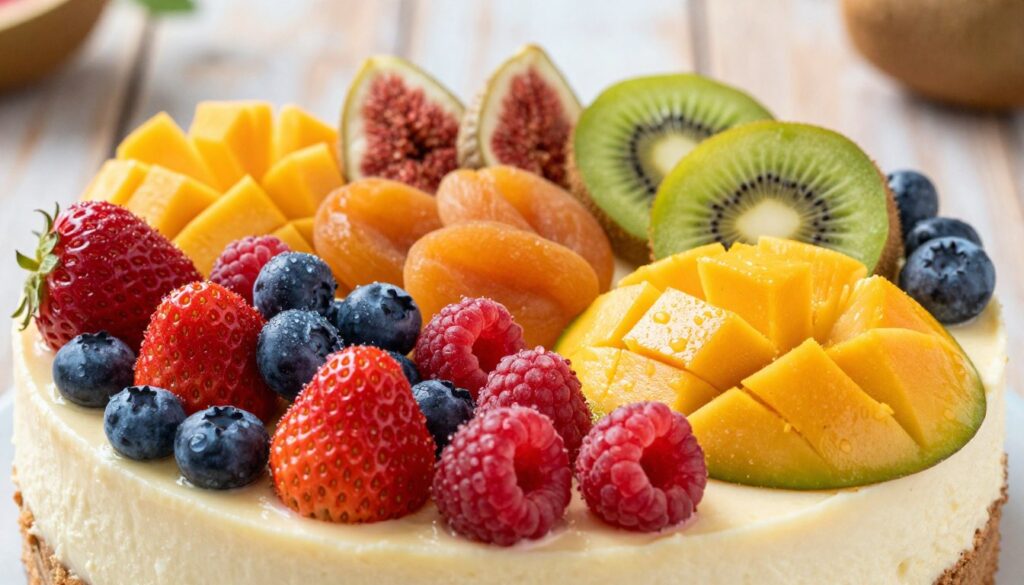 A vibrant assortment of fruits artfully arranged on a creamy cheesecake, showcasing a variety of fresh, frozen, and dried options. In the foreground, luscious strawberries, blueberries, and raspberries glitter with morning dew, while slices of tropical mango and kiwi add a pop of color. The middle ground features delicate dried figs and apricots, artistically nestled among the fresh fruits to create contrast. The background is softly blurred, hinting at a rustic wooden table setting with gentle natural light filtering in, casting a warm glow over the scene. Capture the essence of freshness and indulgence, with a mood that is inviting and appetizing, emphasizing the beauty of fruits as the perfect topping for cheesecake.