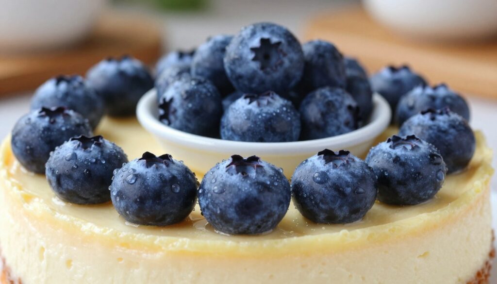 A vibrant display of fresh blueberries, glistening with dew drops, arranged artfully atop a creamy cheesecake slice. The foreground features the rich, luscious texture of the cheesecake, emphasizing its smooth surface and fluted edges. In the middle ground, a small, elegant bowl is filled with even more fresh blueberries, showcasing their deep blue hues and subtle highlights under soft, natural lighting. The background presents a blurred rustic kitchen scene, hinting at wooden surfaces and warm colors, creating a cozy atmosphere. The lighting is soft and diffused, enhancing the freshness of the berries while casting gentle shadows, evoking an inviting and appetizing mood perfect for a dessert-focused article. The image is free of any text or overlays, focusing entirely on the delicious ingredients.