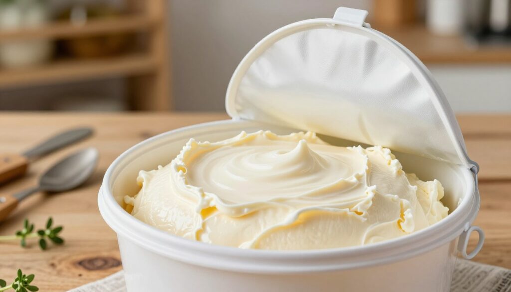 A visually appealing composition of an open white bucket filled with creamy, smooth cheese, highlighting its rich texture and soft consistency. The bucket should be prominently placed in the foreground, with a slight sheen on the cheese to capture its fresh quality. In the middle ground, arrange a rustic wooden table adorned with small kitchen utensils and a few sprigs of fresh herbs to enhance the culinary theme. The background should consist of soft, blurred kitchen elements, such as shelves with organized ingredients, to create a homely atmosphere. Use warm, natural lighting to evoke a cozy and inviting mood, and choose a close-up angle to emphasize the cheese and its creamy properties, ideal for making a rich cheesecake.