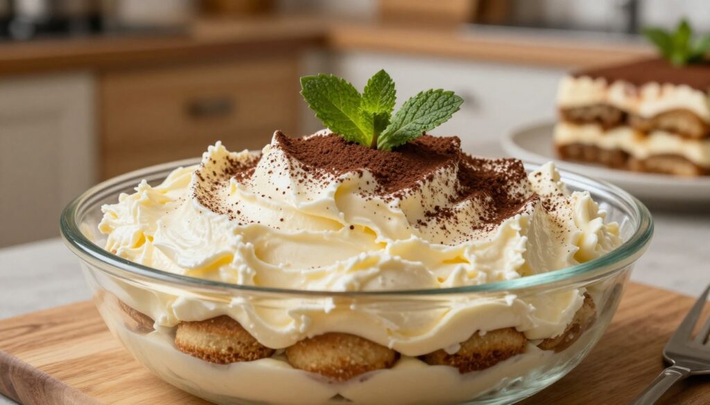 A visually enticing display of creamy mascarpone, elegantly plated in a glass dish, showcasing its rich texture. The foreground features a generous scoop of the mascarpone cream, topped with a delicate dusting of cocoa powder and garnished with a sprig of mint for freshness. In the middle, soft layers of coffee-soaked ladyfingers can be seen peeking through the cream. The background is softly blurred, highlighting warm, inviting kitchen elements like rustic wooden cabinets and a subtle hint of a dessert table adorned with tiramisu ingredients. The lighting is warm and cozy, mimicking natural sunlight, giving the scene an inviting atmosphere that evokes the pleasure of enjoying a homemade dessert. The angle is slightly elevated, focusing on the dessert’s sumptuous details.