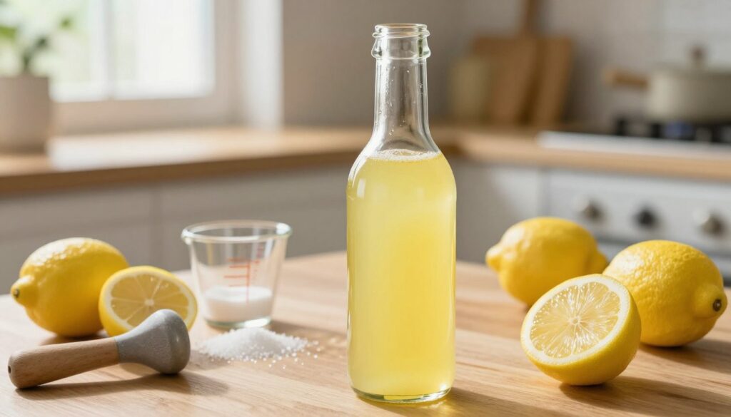 A vivid illustration depicting the most common mistakes in making lemon liqueur from moonshine. In the foreground, a clear glass bottle filled with a bright yellow lemon liqueur sits prominently, showcasing a slight cloudiness indicating a mistake. Surrounding the bottle are fresh lemons with a few sliced open to reveal their juicy interiors. In the middle ground, a wooden table displays various tools and ingredients: a muddler, measuring cup, and scattered sugar with some spilled. In the background, a soft-focus kitchen scene with light streaming through a window creates a warm, inviting atmosphere. Soft shadows provide depth, while a gentle, natural light enhances the vibrant colors of the lemons and the liqueur, inviting the viewer to explore the world of homemade beverages.