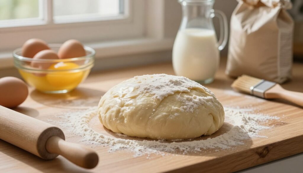 A warm, inviting kitchen scene centered on freshly prepared ciasto drożdżowe, a soft and fluffy yeast dough, resting on a wooden countertop. The dough is lightly dusted with flour, showcasing its smooth, slightly glossy surface. In the background, there are ingredients like a bowl of glowing golden eggs, a jug of milk, and a bag of flour, hinting at the preparation process. Soft, natural lighting filters through a nearby window, casting gentle shadows that create a cozy atmosphere. A rolling pin and a pastry brush are strategically placed in the foreground, inviting viewers into the cooking experience. The overall mood is warm and homely, emphasizing the essence of traditional baking with an emphasis on texture and freshness.