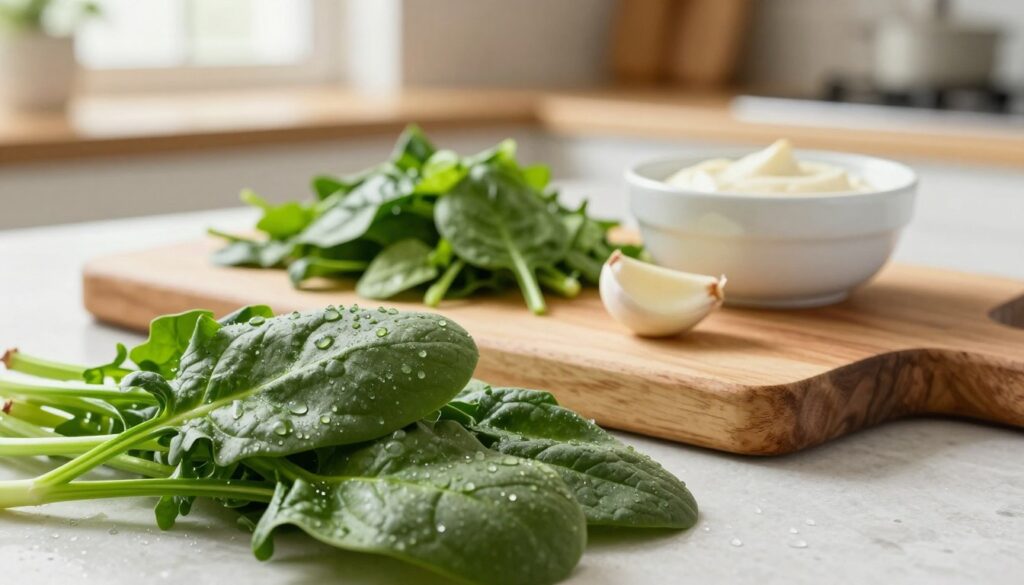 Fresh spinach leaves glisten with dew in the foreground, showcasing their deep green color and crisp texture. Sprinkled among them are small droplets of water, emphasizing their freshness. In the middle ground, a charming wooden cutting board holds a mound of coarsely chopped spinach alongside a vibrant garlic clove and a small bowl of creamy sauce, hinting at the pasta dish being prepared. The background features a softly blurred kitchen setting with warm, natural light streaming through a window, creating a cozy atmosphere. A shallow depth of field draws attention to the spinach and ingredients, evoking a sense of home-cooked comfort. The overall mood is bright and inviting, suggesting the simplicity and delight of cooking with fresh versus frozen spinach.