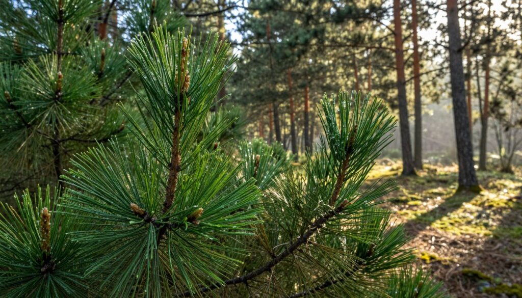 Lush green pine shoots in the foreground, glistening with droplets of dew, showcasing their vibrant color and freshness. The middle ground features a serene pine forest, with a soft focus on the towering trees, highlighting the canopy above. In the background, a gentle morning light filters through the branches, creating dappled shadows on the forest floor. The atmosphere is tranquil and invigorating, evoking the essence of early spring when the pine shoots are most succulent. The scene is captured with a macro lens to emphasize the intricate details of the pine shoots, allowing the textures and colors to stand out vividly. The lighting is warm and natural, enhancing the lush greenery and the serene mood of the forest surroundings.