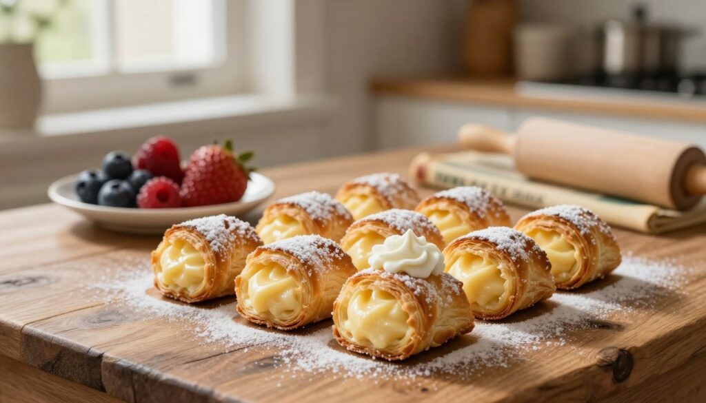 golden-brown puff pastry tubes filled with rich, creamy vanilla custard, arranged artistically on a rustic wooden table. In the foreground, a few of the tubes are dusted with powdered sugar, while a delicate swirl of cream rests on top. The middle ground showcases a light, airy kitchen setting with soft, warm lighting streaming through a nearby window, creating a cozy atmosphere. A small plate with fresh berries adds a pop of color, complementing the dessert. In the background, a blurred vintage baking cookbook and a rolling pin hint at the baking process. The scene evokes warmth and indulgence, inviting the viewer to appreciate this delightful pastry treat.