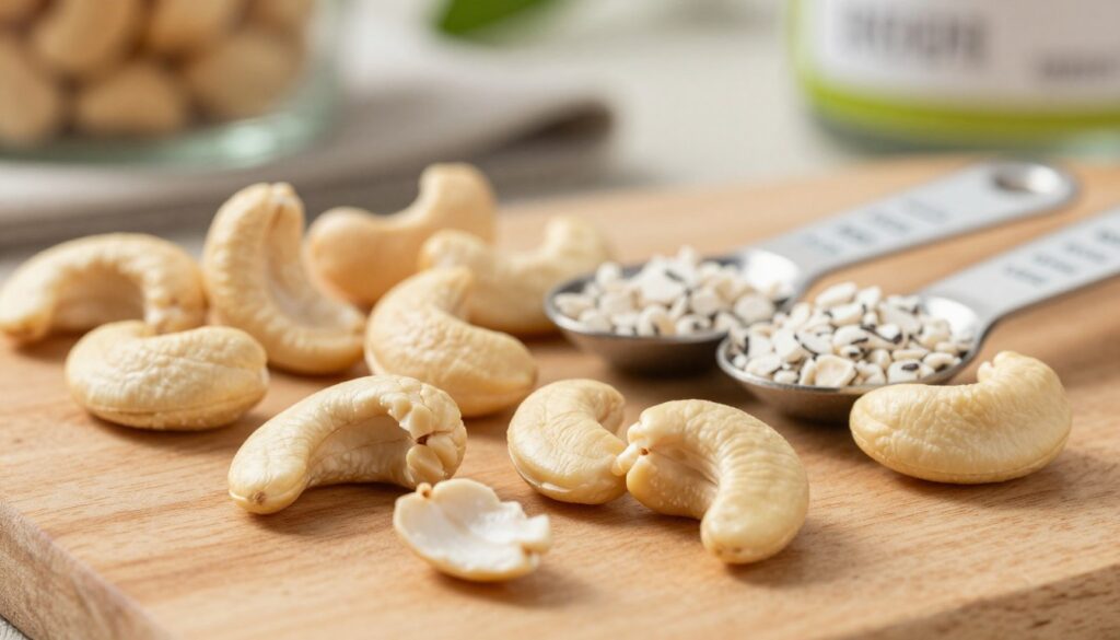 A beautiful, close-up image of cashew nuts scattered on a wooden surface, highlighting their unique shapes and textures. In the foreground, focus on a few whole and broken cashews, showcasing their creamy, pale color and smooth surface. In the middle ground, arranged neatly, include some raw nut pieces alongside measuring spoons filled with nutritional information illustrating their rich content, such as proteins, healthy fats, and essential minerals. The background should feature a softly blurred, rustic kitchen setting with hints of natural light filtering through, creating a warm and inviting atmosphere. The overall mood is healthy and vibrant, perfect for illustrating the nutritional values of cashews in a culinary context.