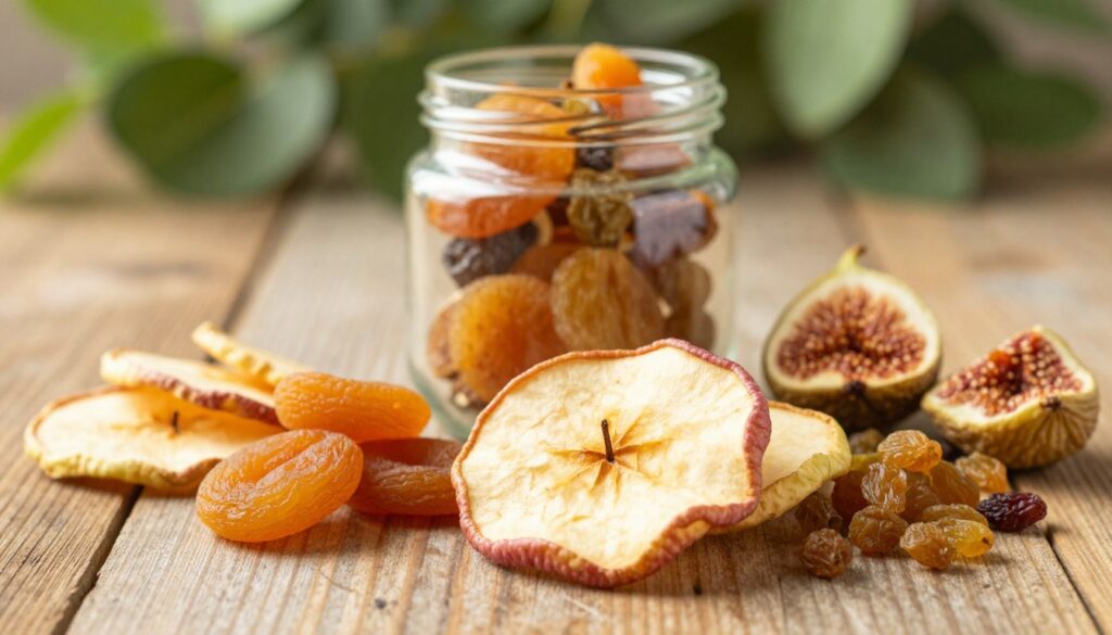 A beautifully arranged assortment of dried fruits, including dried apples, apricots, figs, and raisins, displayed on a rustic wooden table. In the foreground, focus on a vibrant slice of dried apple to highlight its texture, with other dried fruits artistically positioned around it. The middle ground features a glass jar filled with mixed dried fruits, reflecting natural light that creates a warm, inviting atmosphere. The background consists of soft greenery, suggesting a healthy lifestyle, with gentle bokeh effects. The scene should be illuminated with warm, soft lighting to enhance the colors and textures, captured with a shallow depth of field for a professional, clean look. Emphasize freshness and nutritional appeal, inviting viewers to consider the health benefits of dried fruits.