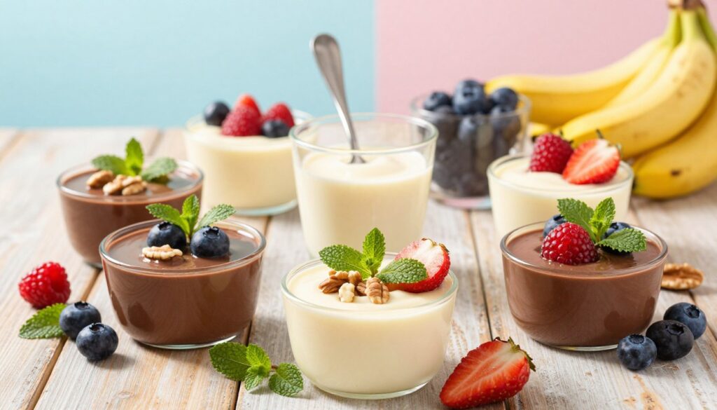 A beautifully arranged assortment of nutritious pudding dishes displayed on a rustic wooden table. In the foreground, various small bowls of pudding in different flavors like chocolate, vanilla, and butterscotch are garnished with fresh fruits, nuts, and sprigs of mint. In the middle, a clear glass containing a creamy pudding with a spoon resting beside it, showing its smooth texture. The background includes soft pastel colors and a subtle bokeh effect of blurred fruits like berries and bananas, enhancing the vibrant feel. Natural sunlight streams in, casting soft shadows and creating a warm, inviting atmosphere. The overall mood is wholesome and colorful, inviting health-focused viewers to consider the nutritional values of pudding.