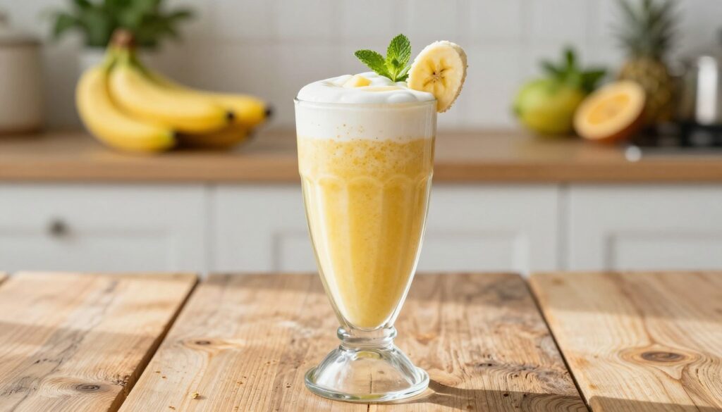 A beautifully arranged banana smoothie, presented in a tall, elegant glass with a frothy top, garnished with a slice of banana and a sprig of mint. The foreground features vibrant layers of creamy yellow banana puree blending seamlessly into lighter shades with a hint of yogurt. In the middle, a rustic wooden table enhances the natural, wholesome feel of the smoothie. In the background, there is a soft-focus kitchen setting filled with fresh fruits and greenery, creating an inviting atmosphere. The lighting is bright and natural, emulating morning sunlight, giving the smoothie a fresh and appealing glow. Capture the essence of a quick, creamy breakfast drink, with an emphasis on texture and color, encouraging a sense of freshness and health.