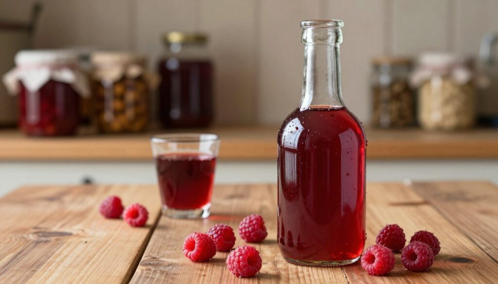 A beautifully arranged bottle of homemade nalewka malin, glowing with a rich red color, sits elegantly on a rustic wooden table in the foreground. Surrounding the bottle are fresh, plump raspberries, glistening with droplets of water, hinting at their vibrant flavor. In the middle ground, a small glass filled with the dark, aromatic liqueur catches soft, natural light, casting delicate reflections. Behind, shelves lined with jars of fruit preserves and spices, subtly blurred, create a warm and inviting kitchen atmosphere. The overall mood is cozy and inviting, evoking a sense of nostalgia for homemade traditions. The scene is captured with a warm, soft focus that enhances the inviting quality of the nalewka, emphasizing the essence of this fruity classic.