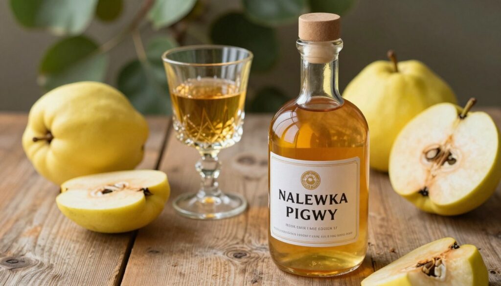 A beautifully arranged bottle of nalewka pigwy (quince liqueur) in the foreground, showcasing its rich golden hue, sitting on a rustic wooden table. Surrounding the bottle are fresh quince fruits, with their distinctive yellow skin, partially sliced to reveal their juicy interior, accentuating their natural beauty. In the middle ground, a delicate crystal glass filled with the nalewka reflects the warm light, hinting at its aromatic essence. The background features soft-focus greenery, evoking the natural ingredients used in making the liqueur. The scene is illuminated by soft, warm lighting, creating a cozy and inviting atmosphere, perfect for conveying the healthy properties of homemade quince liqueur. Capture the image from a slightly elevated angle to emphasize the bottle and fruits, drawing viewers into the rich experience.