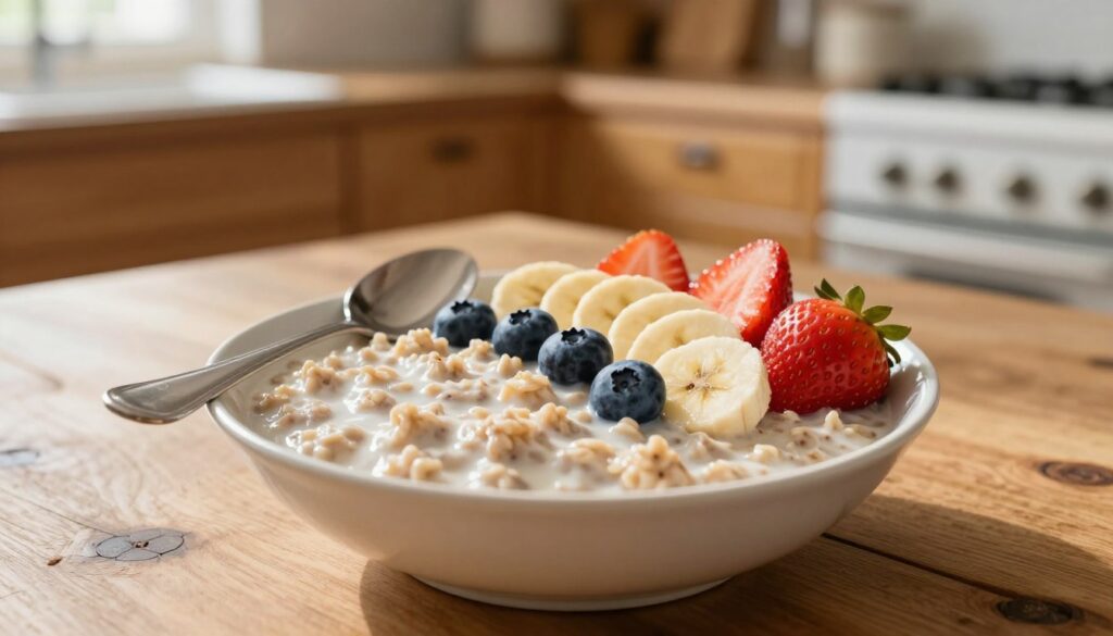 A beautifully arranged bowl of creamy oatmeal, topped with an assortment of fresh fruits like sliced bananas, plump blueberries, and vibrant strawberries, served on a rustic wooden table. The foreground showcases the details of the oats, creamy texture glistening lightly under natural morning light. In the middle, a spoon rests next to the bowl, invitingly placed as if just used. The background features a cozy kitchen setting, with warm wooden cabinets and a hint of sunlight streaming through a window, creating a soft, inviting atmosphere. The image should have a warm color palette, evoking the comfort of a healthy breakfast, captured with a shallow depth of field to emphasize the bowl while softly blurring the kitchen details.