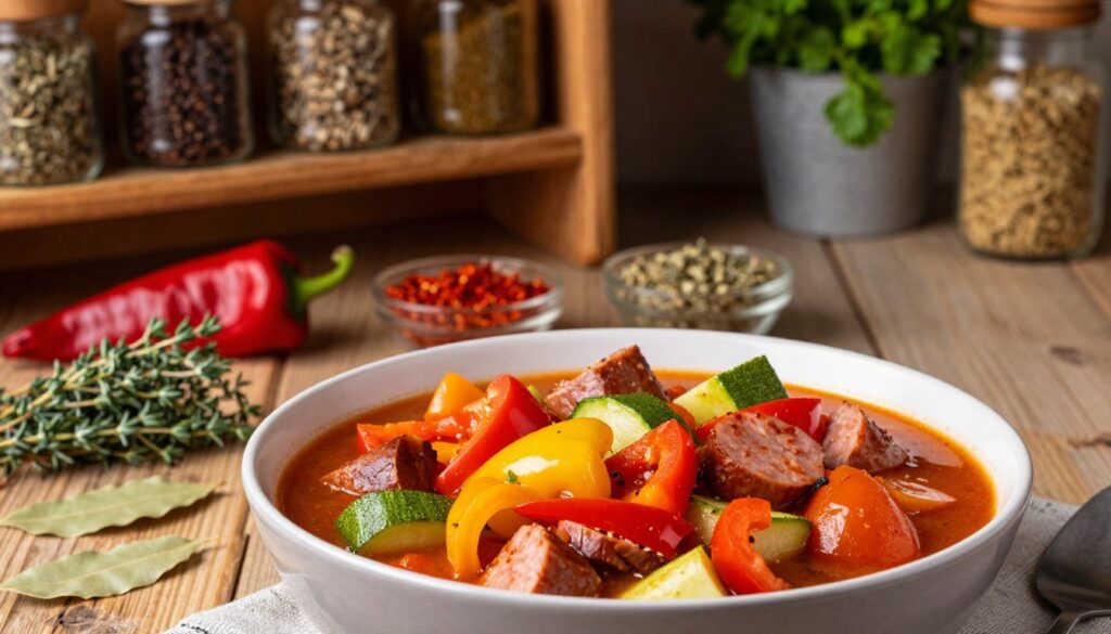 A beautifully arranged bowl of leczo, a traditional Hungarian vegetable stew, sits at the forefront of the image. The dish is vibrant and colorful, showcasing a mix of bell peppers, tomatoes, zucchini, and chunks of sausage, all simmered together to create a rich, aromatic presentation. In the middle ground, a selection of essential spices, such as paprika, thyme, and bay leaves, are artfully displayed around the bowl, emphasizing their role in enhancing flavor. The background features a rustic kitchen setting with wooden shelves lined with jars of spices and herbs. Soft, warm lighting casts inviting shadows, creating a cozy, home-cooked atmosphere. The composition is shot from a slightly elevated angle to highlight the textures and vivid colors of the ingredients, evoking a sense of warmth and culinary comfort.