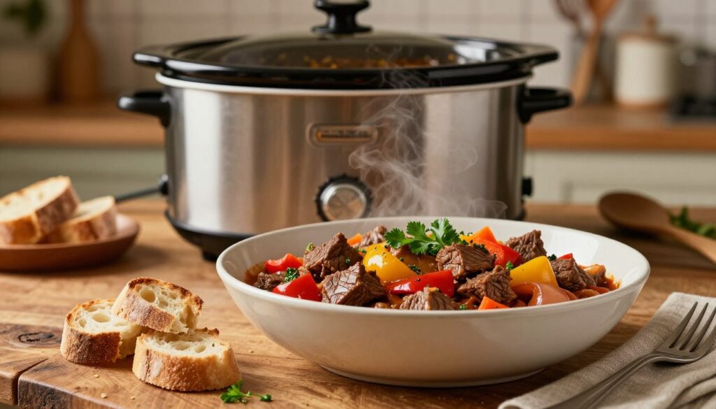 A beautifully arranged bowl of rich, hearty beef goulash steaming in a slow cooker, showcasing tender chunks of beef, colorful bell peppers, and aromatic herbs. In the foreground, show a rustic wooden table with a small side of crusty bread and a sprinkle of fresh parsley on top of the goulash. The middle ground features the slow cooker in an inviting kitchen setting, with soft, warm lighting that enhances the dish's savory colors. In the background, blurred kitchen utensils and warm-toned decor create a cozy atmosphere, evoking feelings of homely comfort. The composition captures the essence of a rich, satisfying one-pot meal, perfect for a family dinner. Use a shallow depth of field to focus on the goulash while softly blurring the background details.