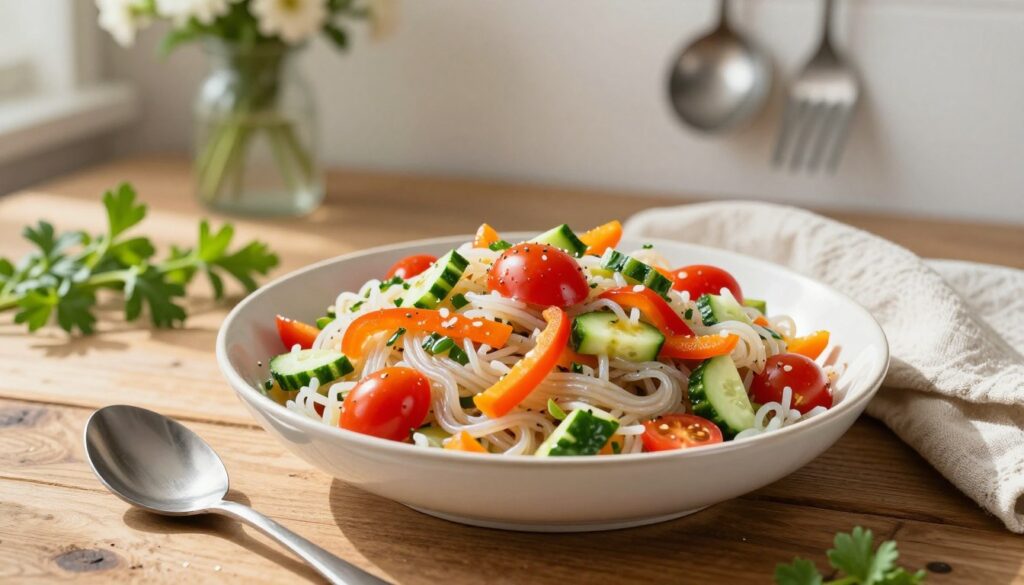 A beautifully arranged bowl of surimi and rice noodle salad, topped with vibrant, colorful vegetables such as cherry tomatoes, cucumbers, and bell peppers. The salad is garnished with a light dressing, glistening in the natural light. In the foreground, a stainless steel serving spoon rests beside the bowl, giving an inviting invitation to serve. In the middle ground, a rustic wooden table adds warmth, adorned with fresh herbs and a delicate cloth napkin. The background features soft-focus kitchen elements, like a vase of flowers and utensils hanging on a wall, creating a cozy, homey atmosphere. The lighting is bright and cheerful, suggesting a sunny day, casting gentle shadows. Capture the scene from a slightly elevated angle, creating a sense of abundance and celebration.
