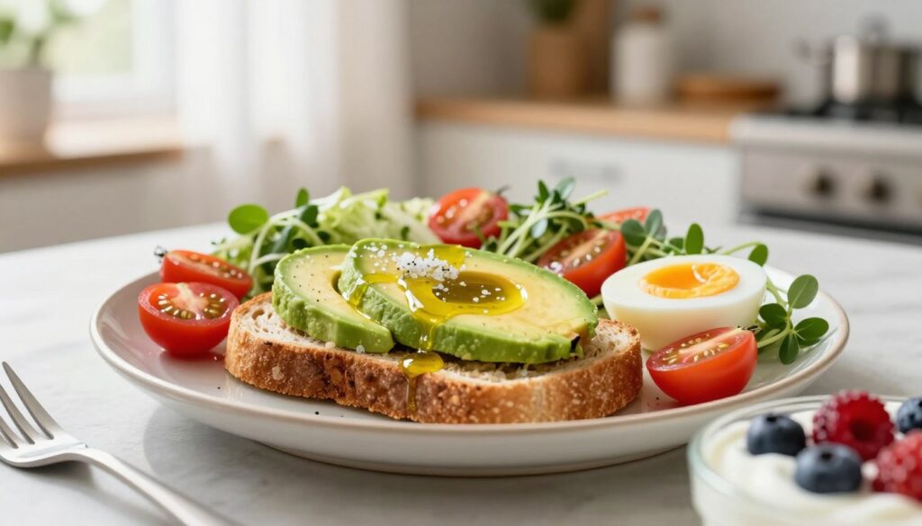 A beautifully arranged breakfast plate featuring ripe avocado slices elegantly placed atop whole grain toast, drizzled with olive oil and sprinkled with sea salt. Surround the toast with colorful accompaniments like cherry tomatoes, microgreens, a soft-boiled egg, and a few sprigs of fresh herbs. In the foreground, subtly include a small bowl of yogurt with mixed berries for a balanced meal. The background should feature a bright, sunlit kitchen with soft morning light filtering through sheer curtains, creating a warm and inviting atmosphere. Use a shallow depth of field to focus on the plate while softly blurring the kitchen surroundings, conveying a fresh and healthy vibe. The overall mood should be cheerful and vibrant, perfect for a breakfast setting. A beautifully arranged breakfast plate featuring ripe avocado slices elegantly placed atop whole grain toast, drizzled with olive oil and sprinkled with sea salt. Surround the toast with colorful accompaniments like cherry tomatoes, microgreens, a soft-boiled egg, and a few sprigs of fresh herbs. In the foreground, subtly include a small bowl of yogurt with mixed berries for a balanced meal. The background should feature a bright, sunlit kitchen with soft morning light filtering through sheer curtains, creating a warm and inviting atmosphere. Use a shallow depth of field to focus on the plate while softly blurring the kitchen surroundings, conveying a fresh and healthy vibe. The overall mood should be cheerful and vibrant, perfect for a breakfast setting.