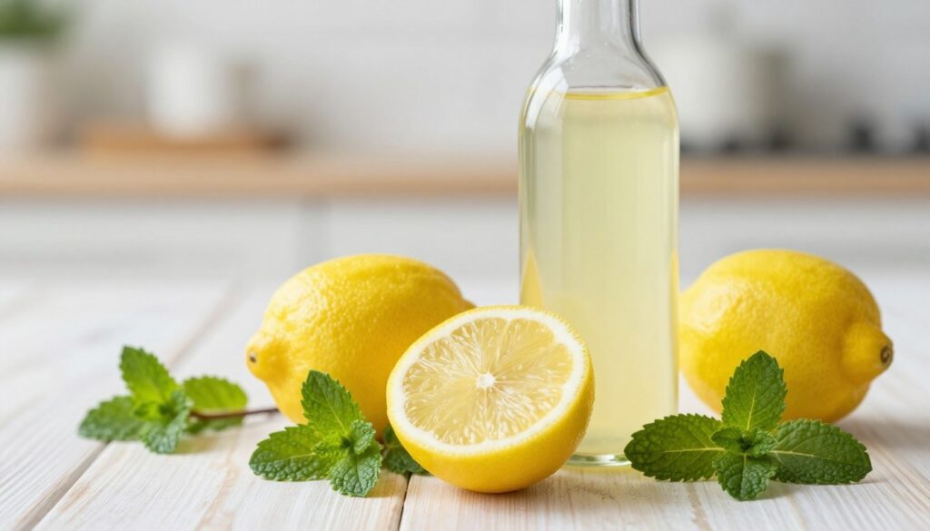 A beautifully arranged composition showcasing key ingredients for limoncello, featuring vibrant yellow limes, fresh green mint leaves, and a clear glass bottle filled with pale yellow liquid. Place the limes in the foreground, sliced in half to reveal their juicy interior, while mint sprigs add a pop of color next to them. In the middle ground, include a subtle wooden table surface that conveys a rustic charm. The background is softly blurred, suggesting a bright kitchen environment with gentle natural light illuminating the scene, creating a refreshing and inviting atmosphere. Use a soft focus technique to enhance the image's warmth, evoking a sense of freshness and citrusy aroma.