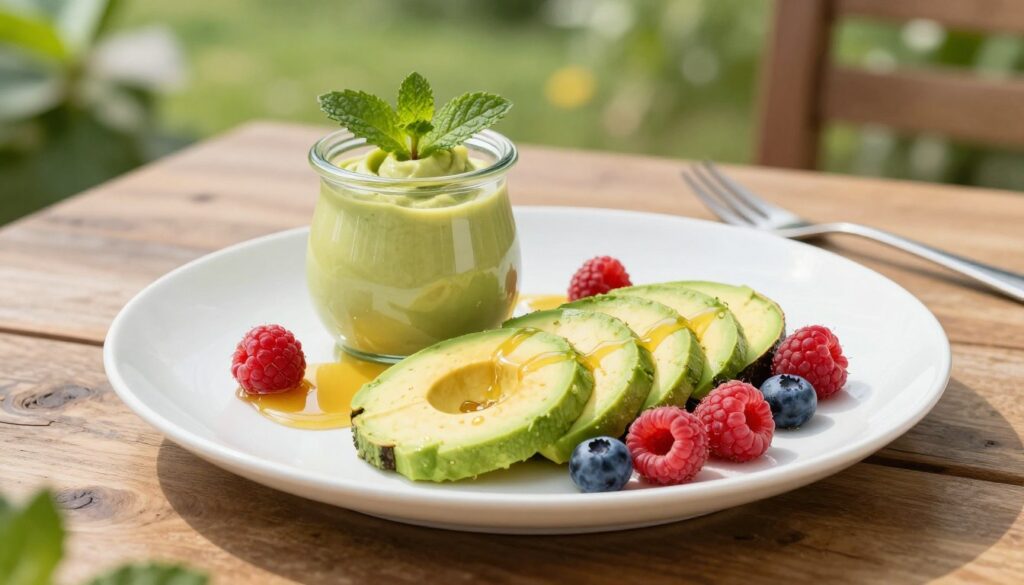 A beautifully arranged dessert featuring ripe avocado, artistically presented on a white porcelain plate. In the foreground, the creamy avocado is sliced elegantly, paired with fresh berries like raspberries and blueberries, along with a drizzle of honey. In the middle ground, there's a small glass jar of avocado mousse, garnished with mint leaves. The background consists of a rustic wooden table with soft, natural lighting that enhances the freshness of the ingredients. The scene is framed with a blurred garden view, suggesting a bright, sunny day. The atmosphere is light and inviting, perfect for a healthy dessert setting. The overall composition is vibrant, showcasing the versatility of avocado in sweet dishes. A beautifully arranged dessert featuring ripe avocado, artistically presented on a white porcelain plate. In the foreground, the creamy avocado is sliced elegantly, paired with fresh berries like raspberries and blueberries, along with a drizzle of honey. In the middle ground, there's a small glass jar of avocado mousse, garnished with mint leaves. The background consists of a rustic wooden table with soft, natural lighting that enhances the freshness of the ingredients. The scene is framed with a blurred garden view, suggesting a bright, sunny day. The atmosphere is light and inviting, perfect for a healthy dessert setting. The overall composition is vibrant, showcasing the versatility of avocado in sweet dishes.