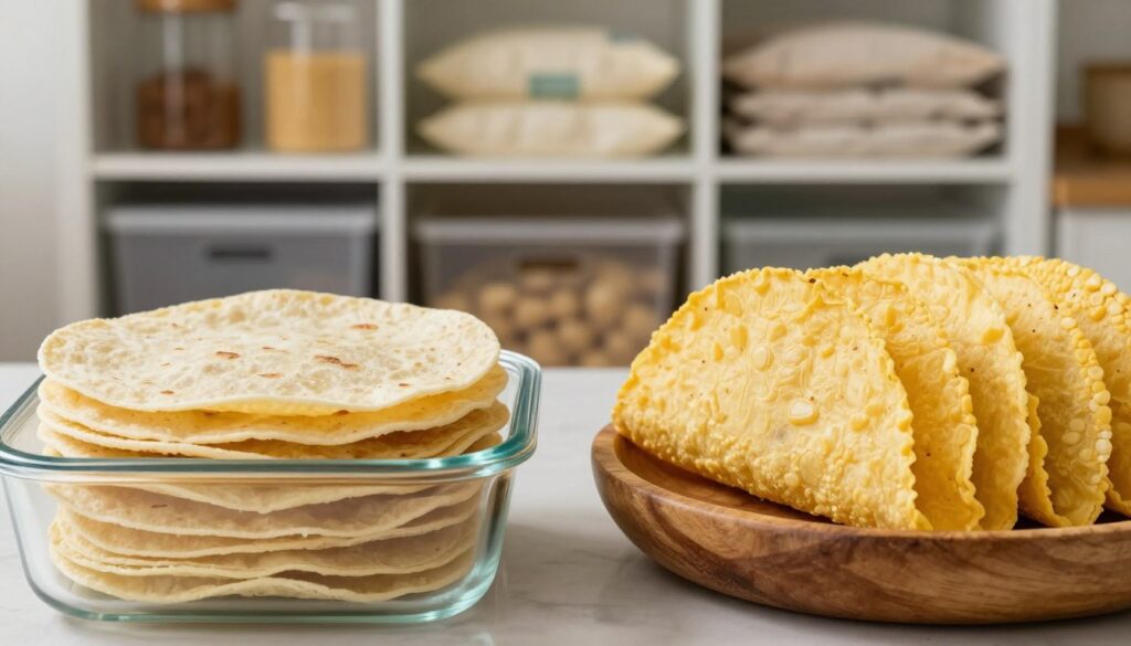 A beautifully arranged display contrasting soft, warm tortillas on the left side and firm, yellow corn tortillas on the right. The foreground features a clear glass container with flour tortillas stacked neatly, highlighting their pliability, while a rustic wooden bowl holds the corn tortillas, showcasing their texture. In the middle, a gentle, diffused light illuminates both types, emphasizing the differences in color and structure. In the background, a neatly organized kitchen shelf filled with various storage methods, such as airtight bags and cloth wraps, suggests optimal storage practices. The mood is inviting and educational, creating a homely atmosphere that reflects careful food preservation and variety. The focus is sharp, capturing the details of each tortilla type clearly, without any text or distractions.