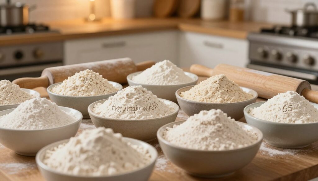 A beautifully arranged display of different types of flour for baking, focusing on "typy mąki wypieki". In the foreground, bowls filled with various flour types like 450 and 650, showcasing the textures and colors—soft white, creamy beige. The middle section features baking tools such as a rolling pin and measuring cups, artfully placed to convey a home baking atmosphere. The background is a softly blurred kitchen setting with warm, ambient lighting that creates a cozy, inviting mood. The scene is captured from a slightly angled overhead perspective, emphasizing the flour's fine grains and the warmth of the kitchen. The overall atmosphere is professional yet homely, ideal for illustrating different flour types for baking.