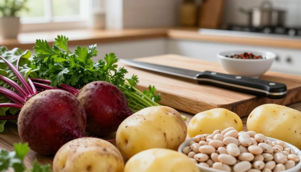 A beautifully arranged display of essential ingredients for a hearty Ukrainian borscht with potatoes and beans. In the foreground, vibrant, fresh vegetables: plump red beets, bright green parsley, creamy potatoes, and versatile white beans. In the middle ground, a rustic wooden cutting board with a sharp knife and a small bowl of spices, hinting at preparation. The background features a warm, inviting kitchen setting with soft, natural light filtering in through a window, highlighting the textures and colors of the vegetables. The atmosphere is cozy, evoking a sense of home-cooked warmth and comfort, perfect for a nourishing meal. Aim for a close-up shot to capture the details, focusing on the rich colors and freshness of the ingredients.