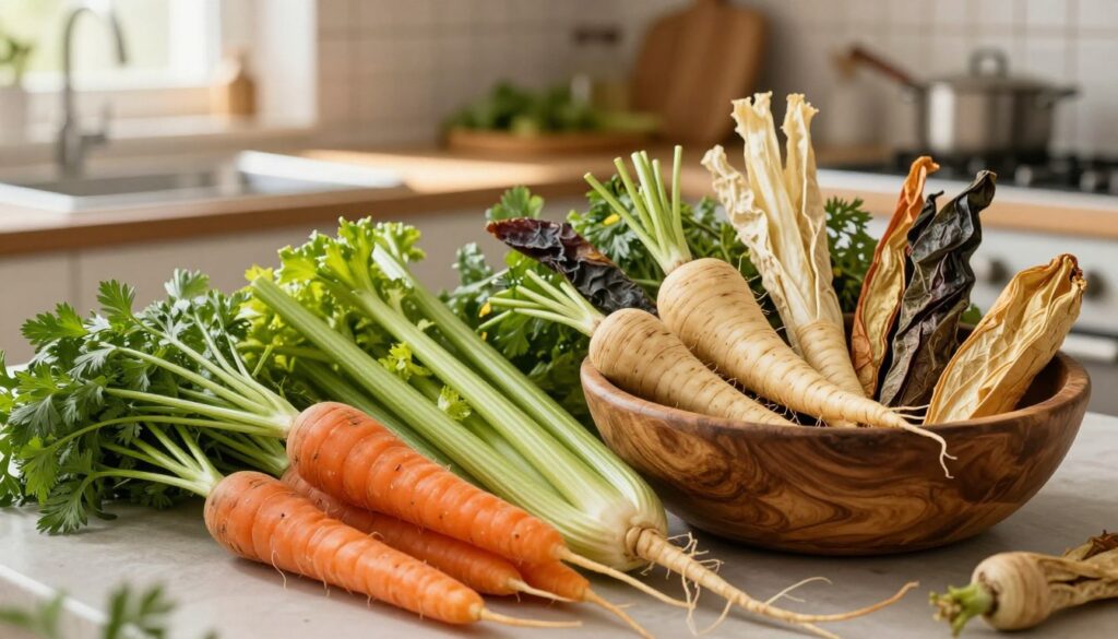A beautifully arranged display of fresh and dried vegetables that are the essence of "włoszczyzna." In the foreground, feature vibrant, colorful fresh carrots, parsnips, and celery with their lush green tops, alongside a rustic wooden bowl filled with an assortment of dried versions of the same vegetables, showcasing their earthy tones. In the middle ground, include a softly blurred kitchen countertop adorned with subtle kitchen tools, hinting at preparation. The background should depict a warm, softly lit kitchen setting with gentle sunlight streaming through a window, creating an inviting and cozy atmosphere. The overall mood should be wholesome and homely, emphasizing the importance of these ingredients in everyday cooking. Use a slightly elevated angle for an inviting perspective, capturing the essence of traditional Polish cooking.