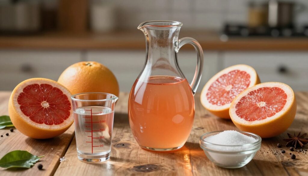 A beautifully arranged display of grapefruit liqueur ingredients on a rustic wooden table. In the foreground, vibrant grapefruits, both whole and sliced, glisten under soft, warm lighting. Beside them, a measuring cup filled with crystal-clear vodka, and a small bowl of sugar, adding a touch of elegance. In the middle, a sleek glass pitcher showcasing the liqueur itself, the liquid reflecting hues of pink and gold, hinting at its citrusy flavor. The background softly fades into a blurred kitchen setting, with hints of herbs and spices, adding warmth and depth. The overall mood is inviting and sophisticated, capturing the essence of a refined yet casual cocktail preparation experience. The composition should be shot from a slightly above angle, drawing attention to the details and colors.