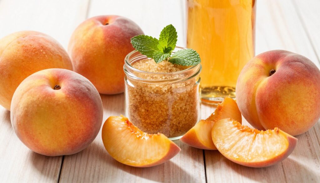 A beautifully arranged display of peach ingredients for making peach liqueur. In the foreground, ripe, juicy peaches with a soft, sunlit glow, their vibrant orange and yellow hues inviting and fresh. Scattered next to them are slices of peach, revealing their sweet, succulent flesh. In the middle, a small assortment of essential ingredients: a clear glass jar filled with golden sugar, a sprig of fresh mint, and a bottle of high-quality alcohol, glistening lightly in some natural light. The background features a subtle wooden table, adding warmth to the image with soft shadows. The overall atmosphere is bright and inviting, evoking a sense of summer and the delightful process of creating this sunshine-inspired drink.