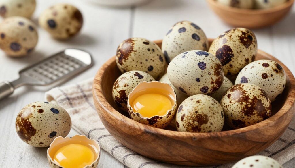 A beautifully arranged display of quail eggs in a rustic wooden bowl, showcasing various shades of brown, cream, and speckled patterns. In the foreground, a few eggs are cracked open, revealing their delicate yellow yolks, glistening under soft, natural sunlight. The middle ground features a small metal egg slicer and a rustic cloth napkin with a subtle checkered pattern, adding warmth to the scene. In the background, a slightly blurred kitchen environment conveys a sense of home and culinary inspiration. The lighting is soft and diffused, creating an inviting atmosphere that highlights the freshness and quality of the quail eggs, inspiring thoughts of selecting and storing these delicate ingredients. The perspective is slightly overhead, focusing on the eggs while maintaining a cozy, intimate vibe. A beautifully arranged display of quail eggs in a rustic wooden bowl, showcasing various shades of brown, cream, and speckled patterns. In the foreground, a few eggs are cracked open, revealing their delicate yellow yolks, glistening under soft, natural sunlight. The middle ground features a small metal egg slicer and a rustic cloth napkin with a subtle checkered pattern, adding warmth to the scene. In the background, a slightly blurred kitchen environment conveys a sense of home and culinary inspiration. The lighting is soft and diffused, creating an inviting atmosphere that highlights the freshness and quality of the quail eggs, inspiring thoughts of selecting and storing these delicate ingredients. The perspective is slightly overhead, focusing on the eggs while maintaining a cozy, intimate vibe.