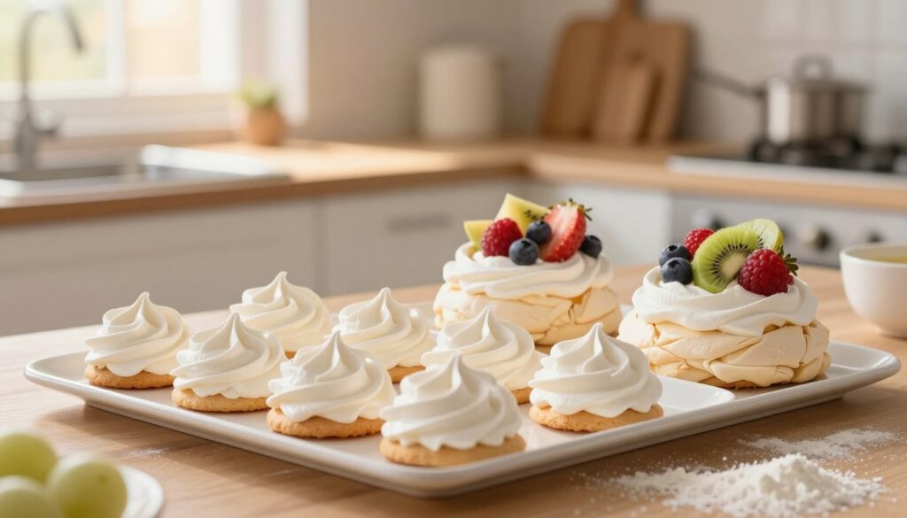 A beautifully arranged display of sweet treats made from egg whites, prominently featuring delicate meringue cookies, light and airy soufflés, and a classic pavlova topped with fresh fruits like berries and kiwi. The foreground showcases an elegant white platter filled with these exquisite desserts, with soft pastel colors creating a playful yet sophisticated contrast. In the middle, a softly lit kitchen atmosphere with wooden countertops, hints of flour and sugar in a cozy setting enhances the charm. The background includes a gently blurred kitchen window with warm sunlight streaming in, adding to the inviting and homely feel of the scene. The overall mood is warm and uplifting, perfect for conveying creativity in baking. A beautifully arranged display of sweet treats made from egg whites, prominently featuring delicate meringue cookies, light and airy soufflés, and a classic pavlova topped with fresh fruits like berries and kiwi. The foreground showcases an elegant white platter filled with these exquisite desserts, with soft pastel colors creating a playful yet sophisticated contrast. In the middle, a softly lit kitchen atmosphere with wooden countertops, hints of flour and sugar in a cozy setting enhances the charm. The background includes a gently blurred kitchen window with warm sunlight streaming in, adding to the inviting and homely feel of the scene. The overall mood is warm and uplifting, perfect for conveying creativity in baking.