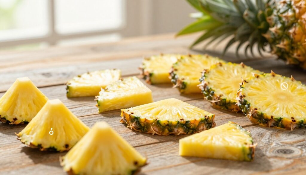 A beautifully arranged flat lay of pineapple slices showcasing their vibrant yellow and green hues, accented with subtle shadows. In the foreground, fresh pineapple pieces display textures, while small, discreet icons representing its contraindications—such as a gentle "no" symbol and an exclamation mark—are subtly integrated among the fruit. The middle ground features a softly blurred background of a rustic wooden table, enhancing the tropical theme. Soft, natural light cascades from a nearby window, creating a warm and inviting atmosphere. The mood is informative yet serene, ideal for educating viewers about the precautions around consuming pineapple. The composition should evoke a sense of care and awareness, with no text or extraneous elements present.