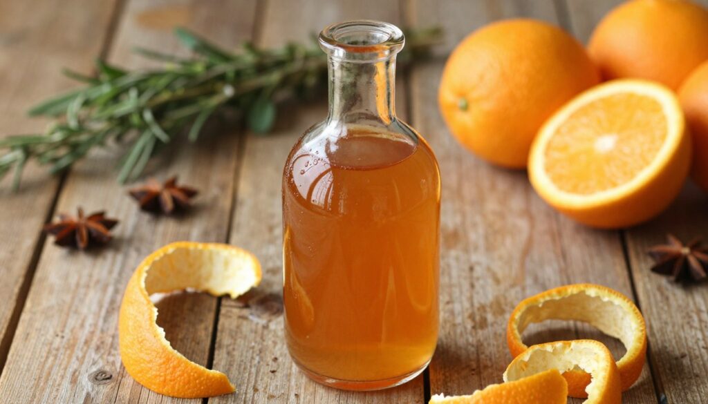 A beautifully arranged glass bottle of homemade orange liqueur, displaying a rich amber color, is the focal point of the image, set against a rustic wooden table. Surrounding the bottle are fresh, vibrant oranges, with the bright zest peels artfully scattered to show off their texture. In the background, soft-focus herbs and spices add depth, hinting at flavor complexity, while warm, natural lighting creates an inviting atmosphere. The scene is captured from a slightly elevated angle to emphasize the bottle's intricate shape and the ingredients. The overall mood is cozy and aromatic, inviting viewers to explore the deep, citrusy essence of the orange infusion.