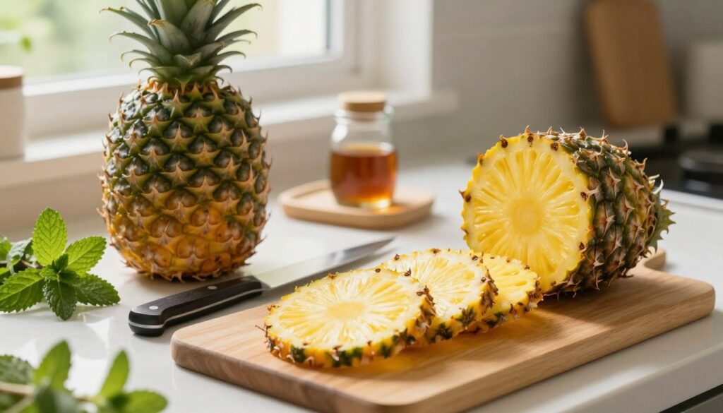 A beautifully arranged kitchen countertop featuring a whole pineapple, a sharp knife, and a cutting board, emphasizing the step-by-step preparation of the pineapple. In the foreground, the ripe pineapple is sliced in various stages, showcasing its juicy, vibrant yellow flesh. The middle ground highlights the knife and cutting board, surrounded by fresh herbs like mint and a small glass jar filled with homemade syrup. In the background, soft natural light filters through a nearby window, creating a warm, inviting atmosphere. The scene captures tranquility and focus, ideal for culinary preparation. Use a shallow depth of field to keep the pineapple in sharp focus while gently blurring the background, enhancing the visual appeal and mood of the preparation process.